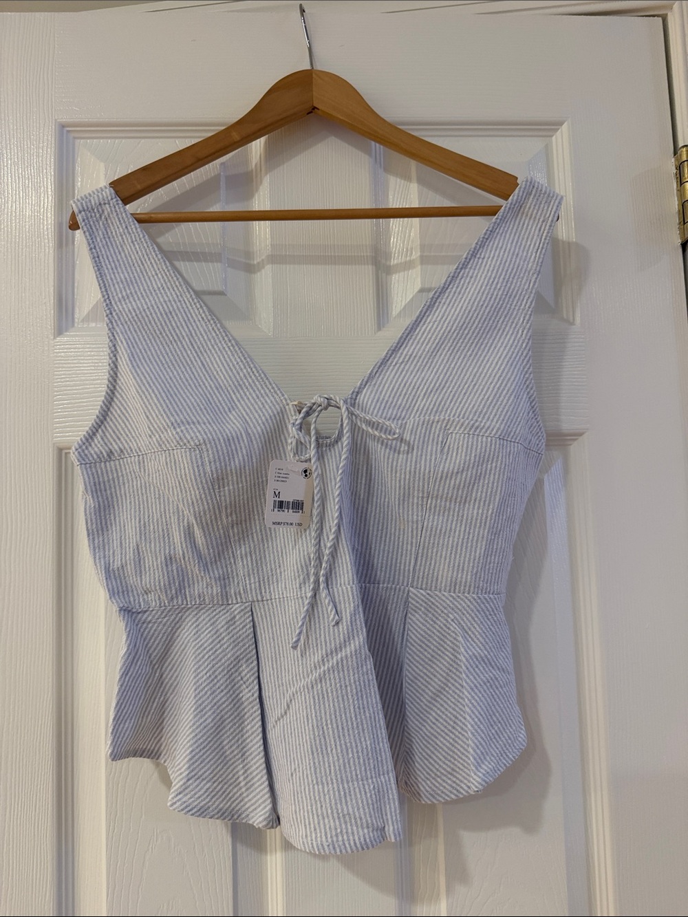 Free People Blue and White Striped Tie-Front Peplum Camisole
